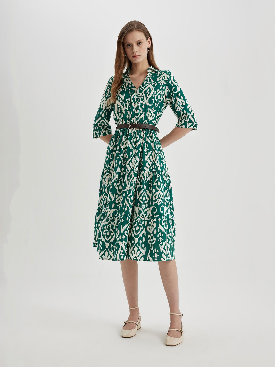 DeFacto Floral Printed Shirt Collar Fit & Flare Dress, Green