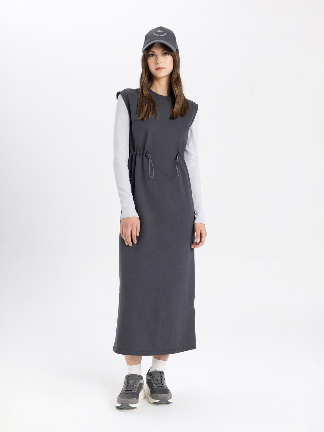 

DeFacto Sleeveless Pinafore Midi Dress, Grey