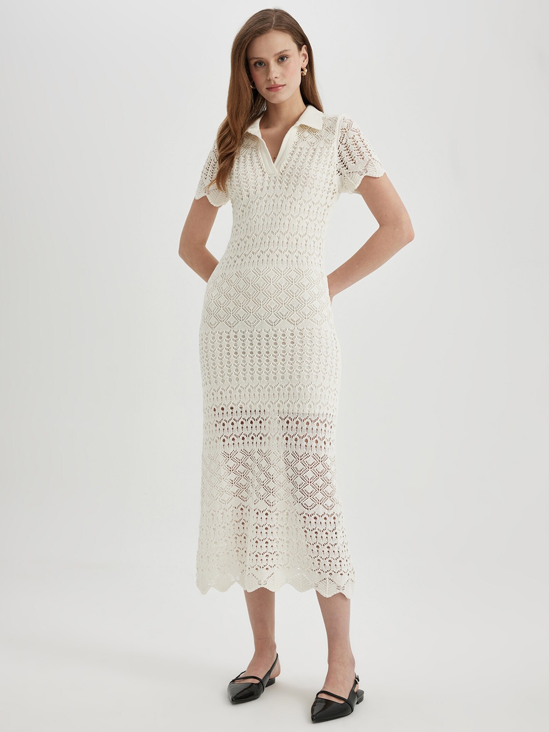 

DeFacto Self Design Shirt Collar Midi Dress, Na