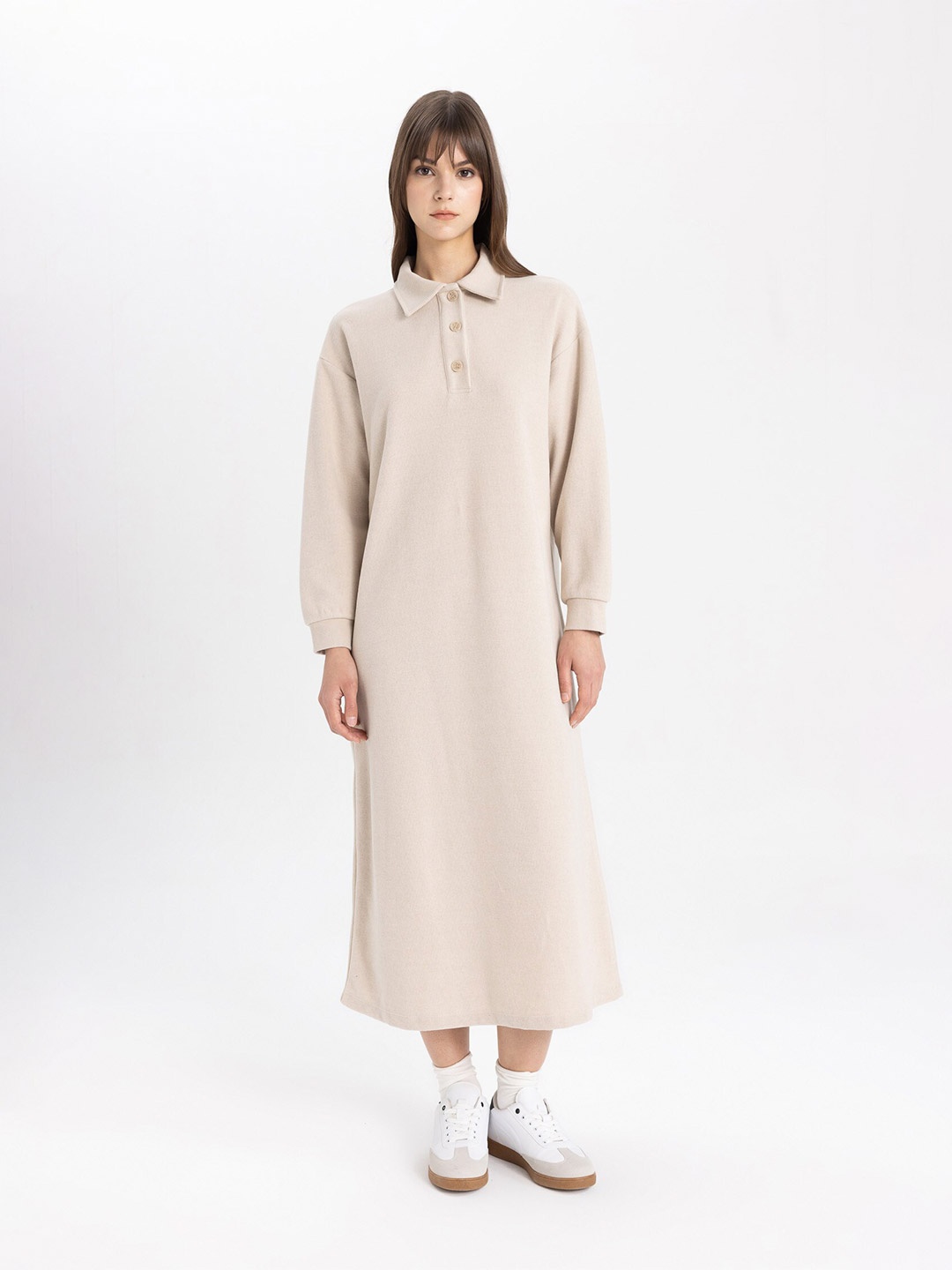 

DeFacto Shirt Collar A-Line Maxi Dress, Na