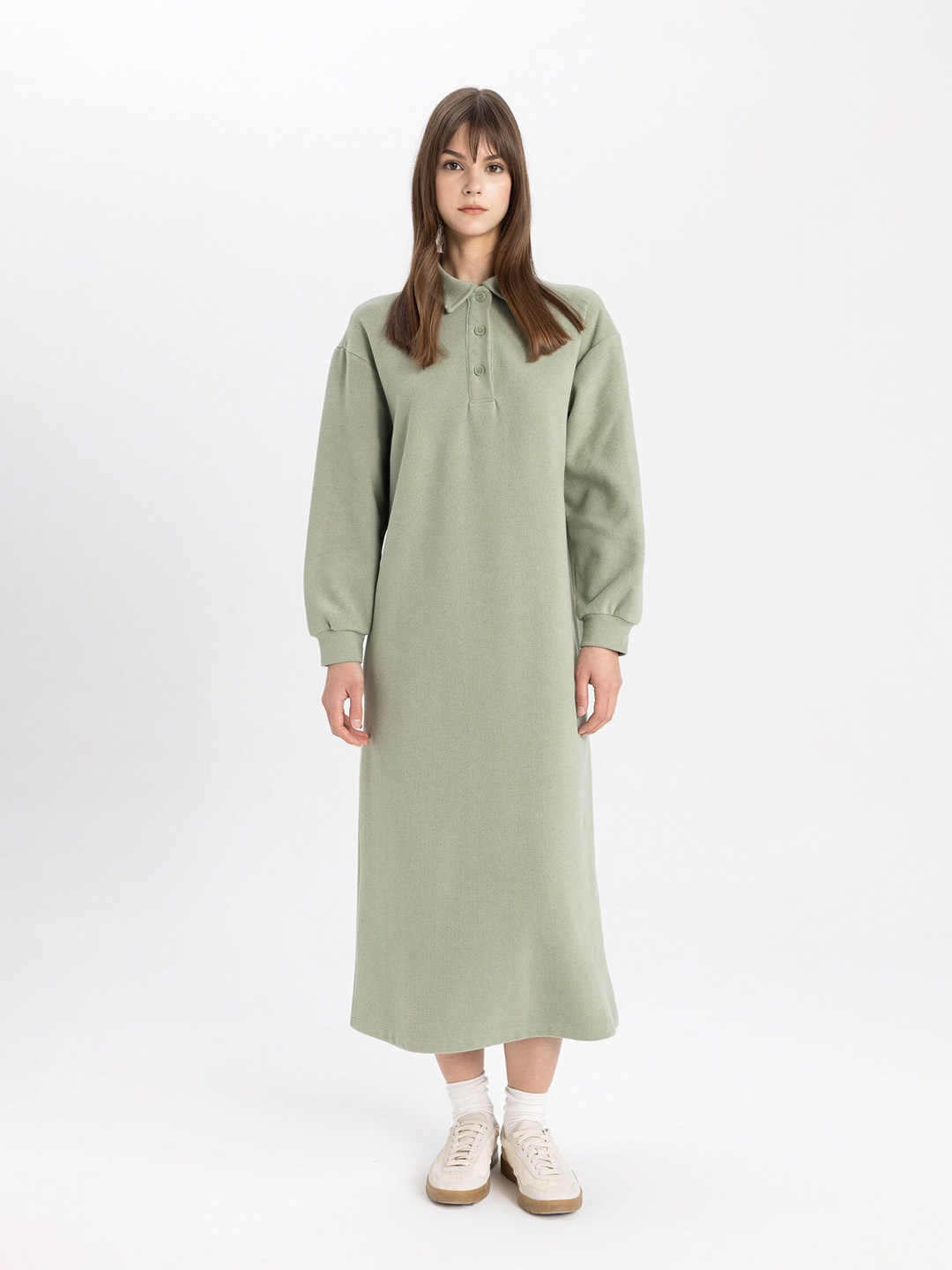 

DeFacto Shirt Collar A-Line Midi Dress, Na