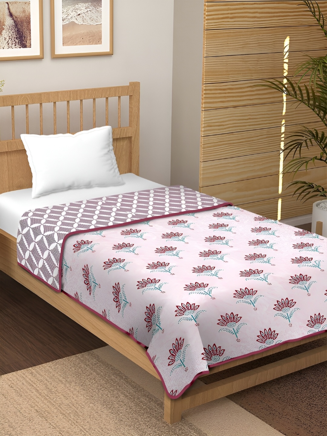 

CHICERY Maroon & Pink Floral AC Room Cotton 210 GSM Single Bed Dohar