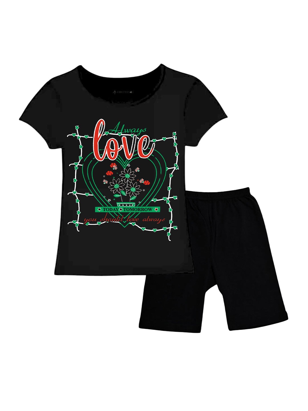 

CoolTees4U Girls Printed T-shirt with Shorts, Black