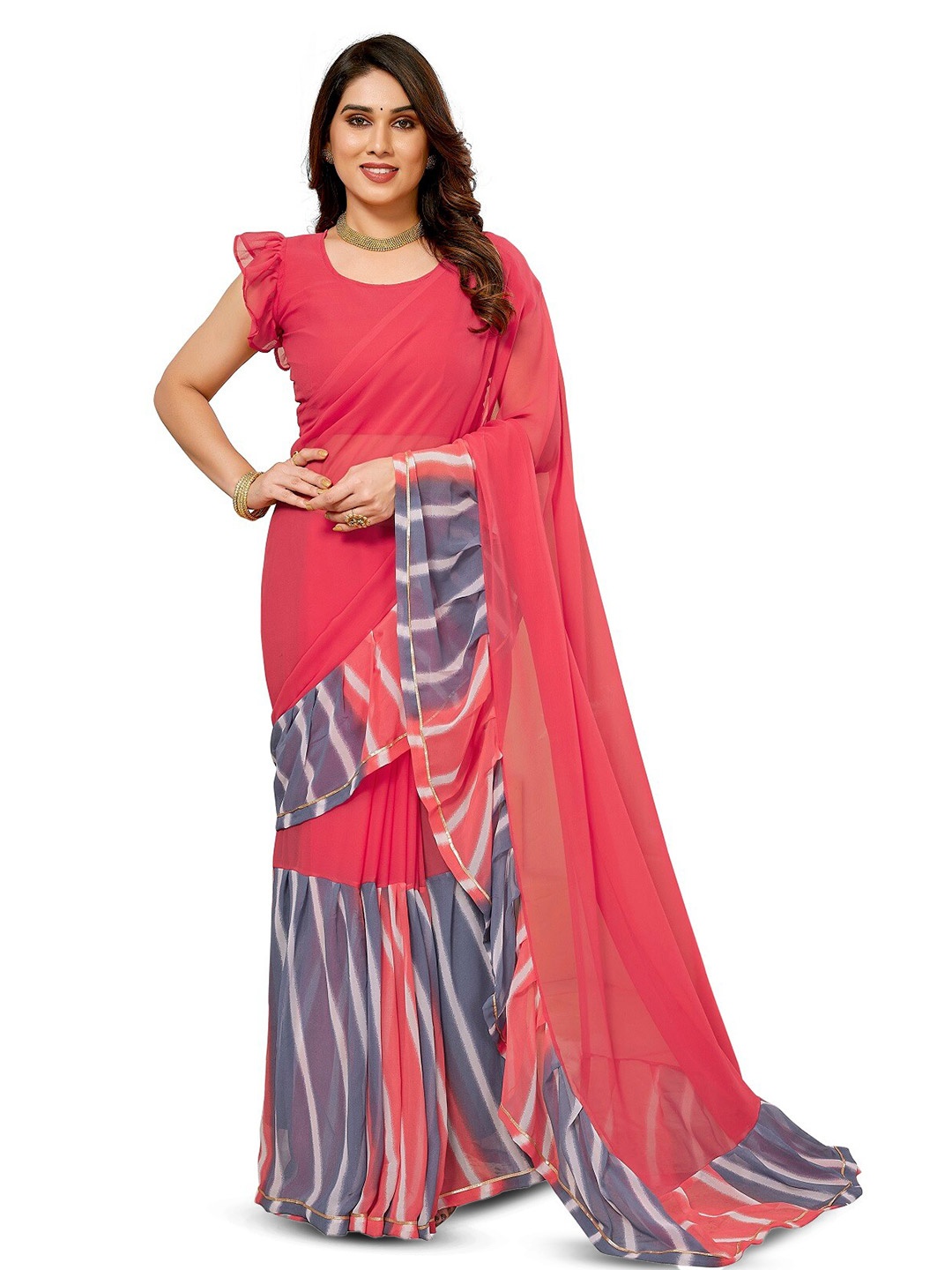 

ROOP SUNDARI SAREES Schiffli Pure Georgette Leheriya Saree, Pink