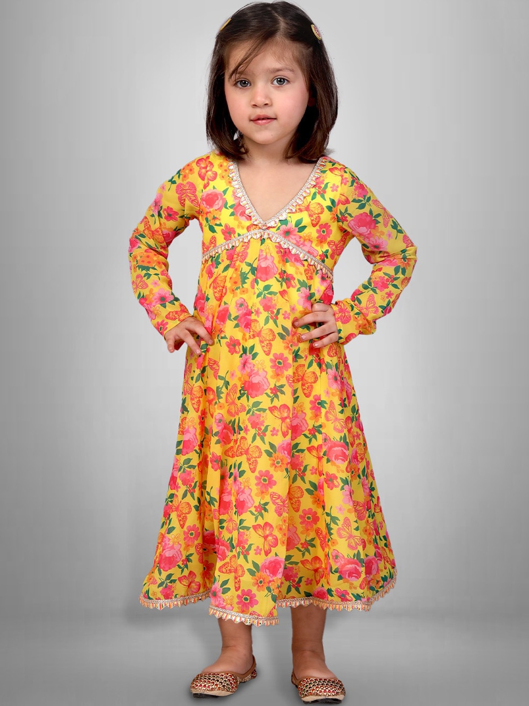Lil Peacock Girls Embroidered Thread Work Empire Kurta, Yellow
