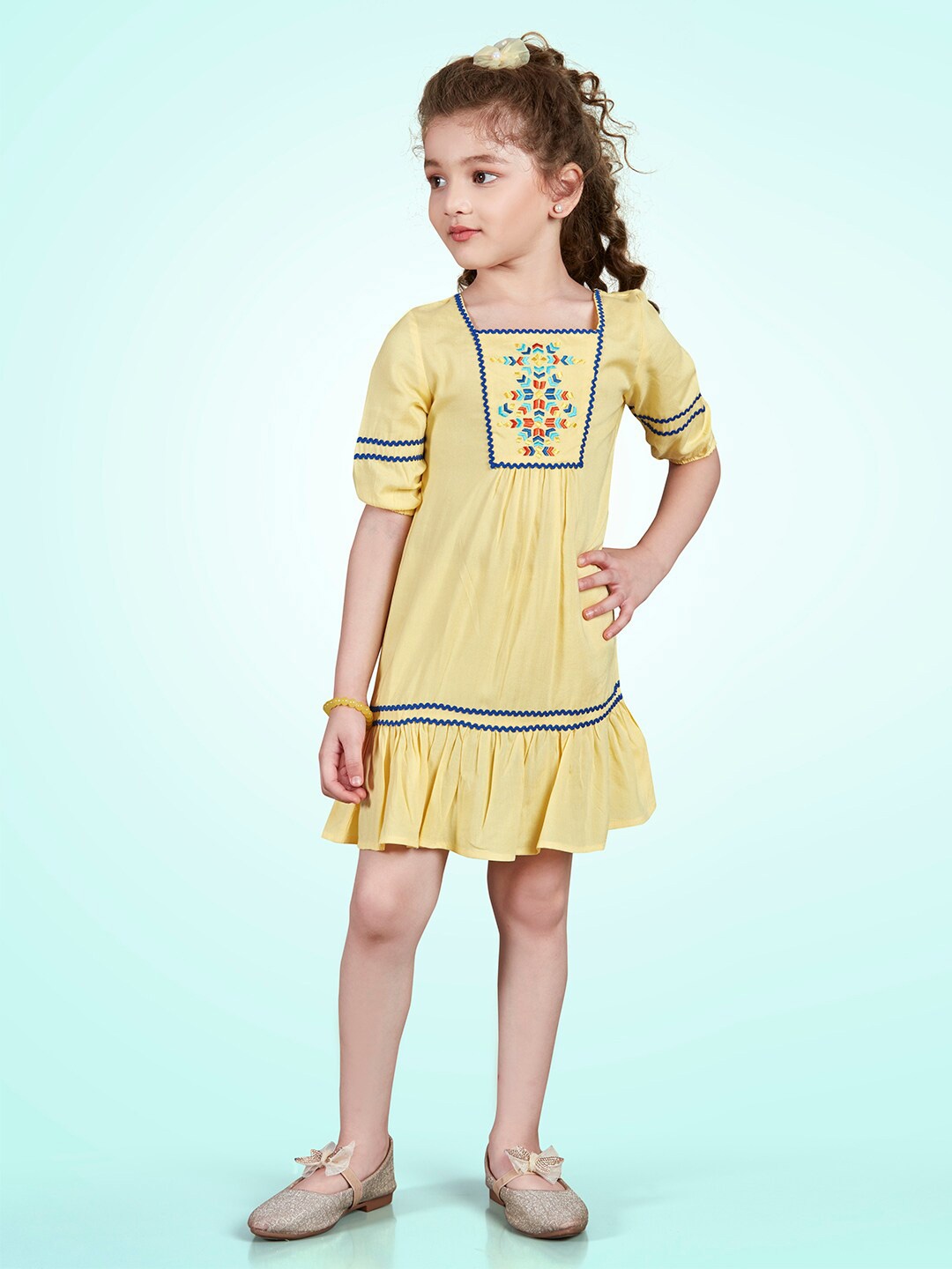 

Lil Peacock Girls Geometric Embroidered Square Neck A-Line Dress, Yellow