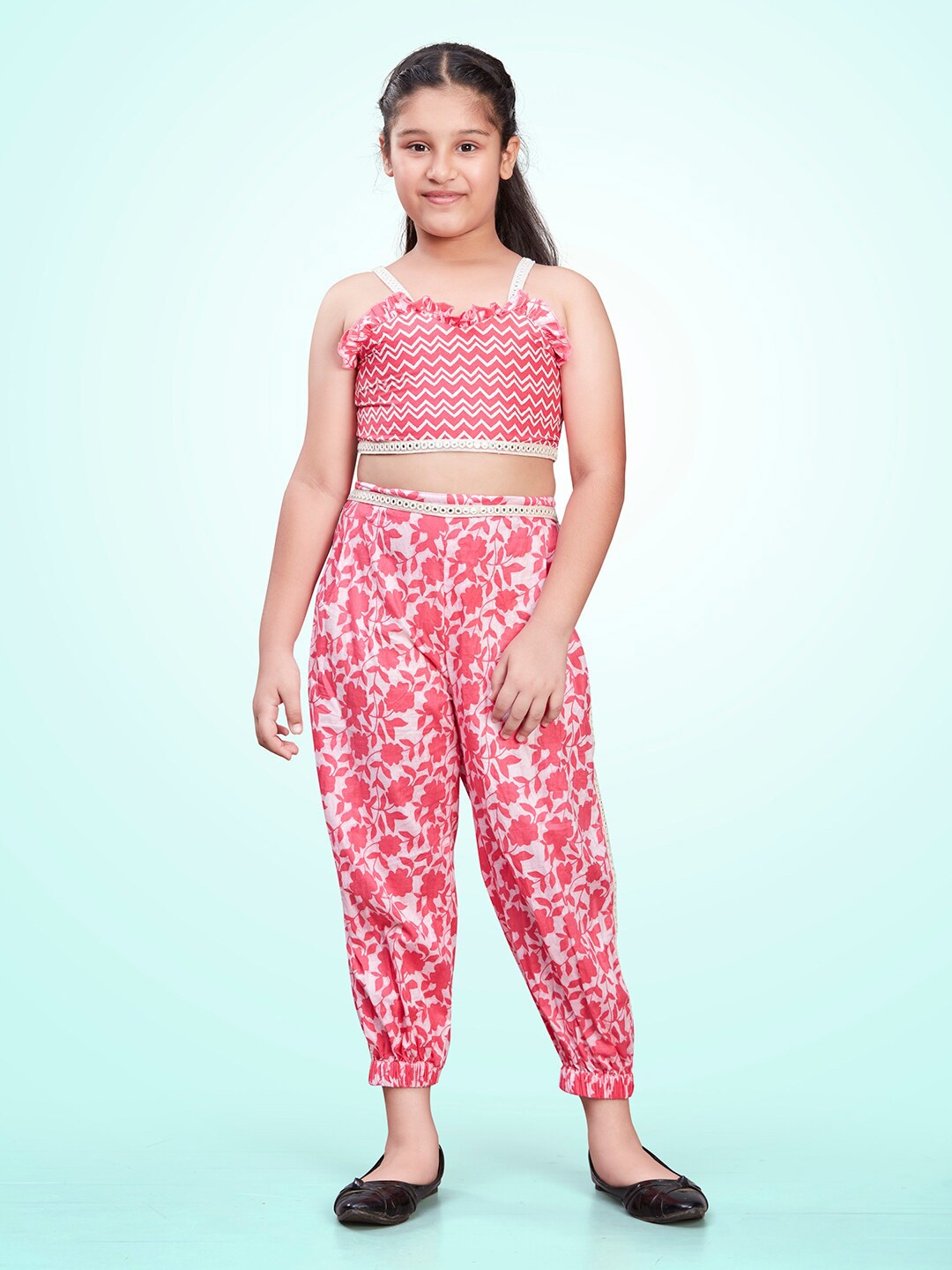 

Lil Peacock Girls Printed Top with Trousers, Pink