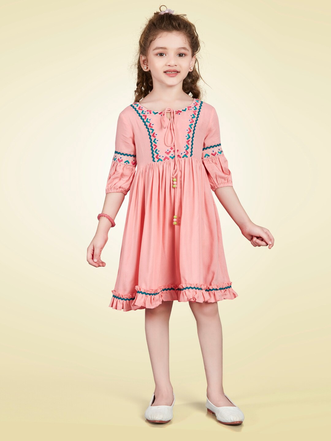 

Lil Peacock Girls Geometric Embroidered Tie-Up Neck A-Line Dress, Pink