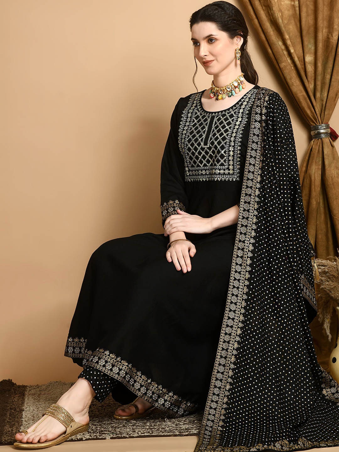 

Bhoolft Ethnic Motifs Embroidered Sequinned Anarkali Kurta With Trousers & Dupatta, Black