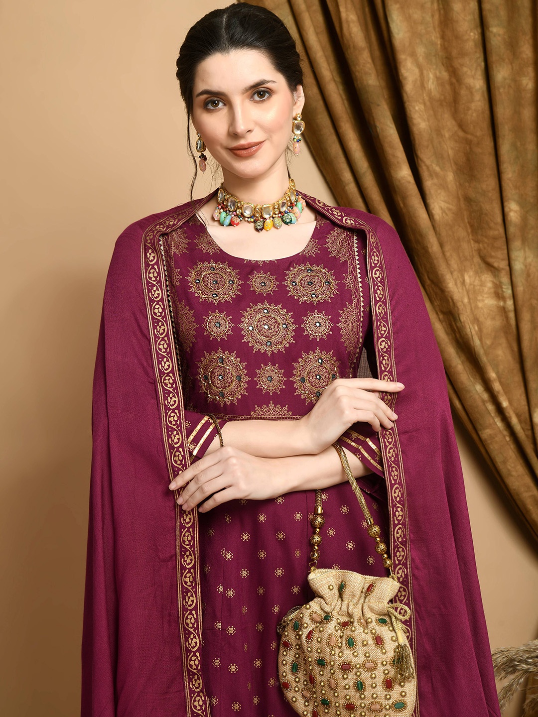 

Bhoolft Floral Printed Mirror Work Anarkali Kurta With Trousers & Dupatta, Maroon