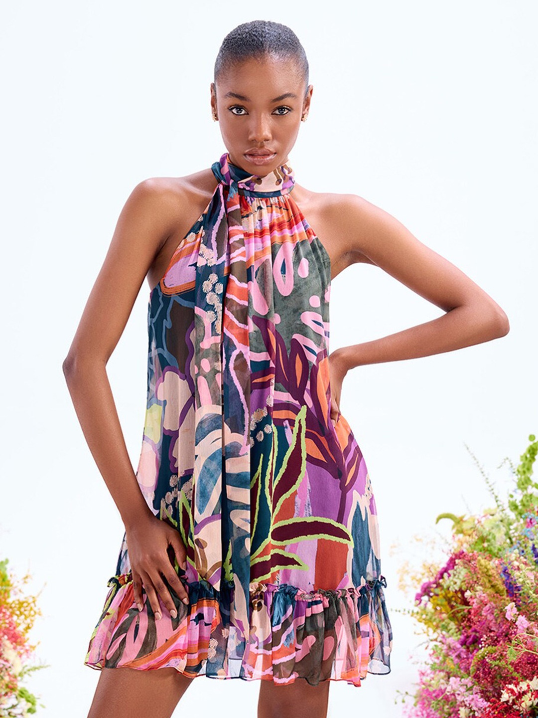 

COVER STORY Abstract Printed Halter Neck Chiffon A-Line Mini Dress, Grey