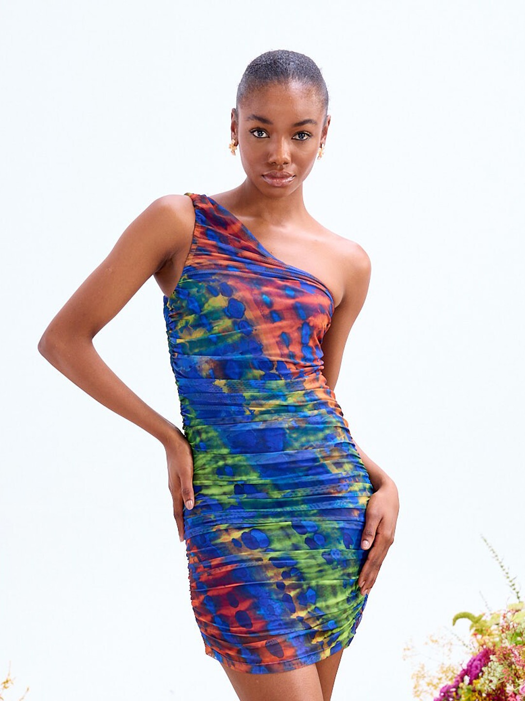 

COVER STORY Blue One Shoulder Abstract Print Net Sheath Dress