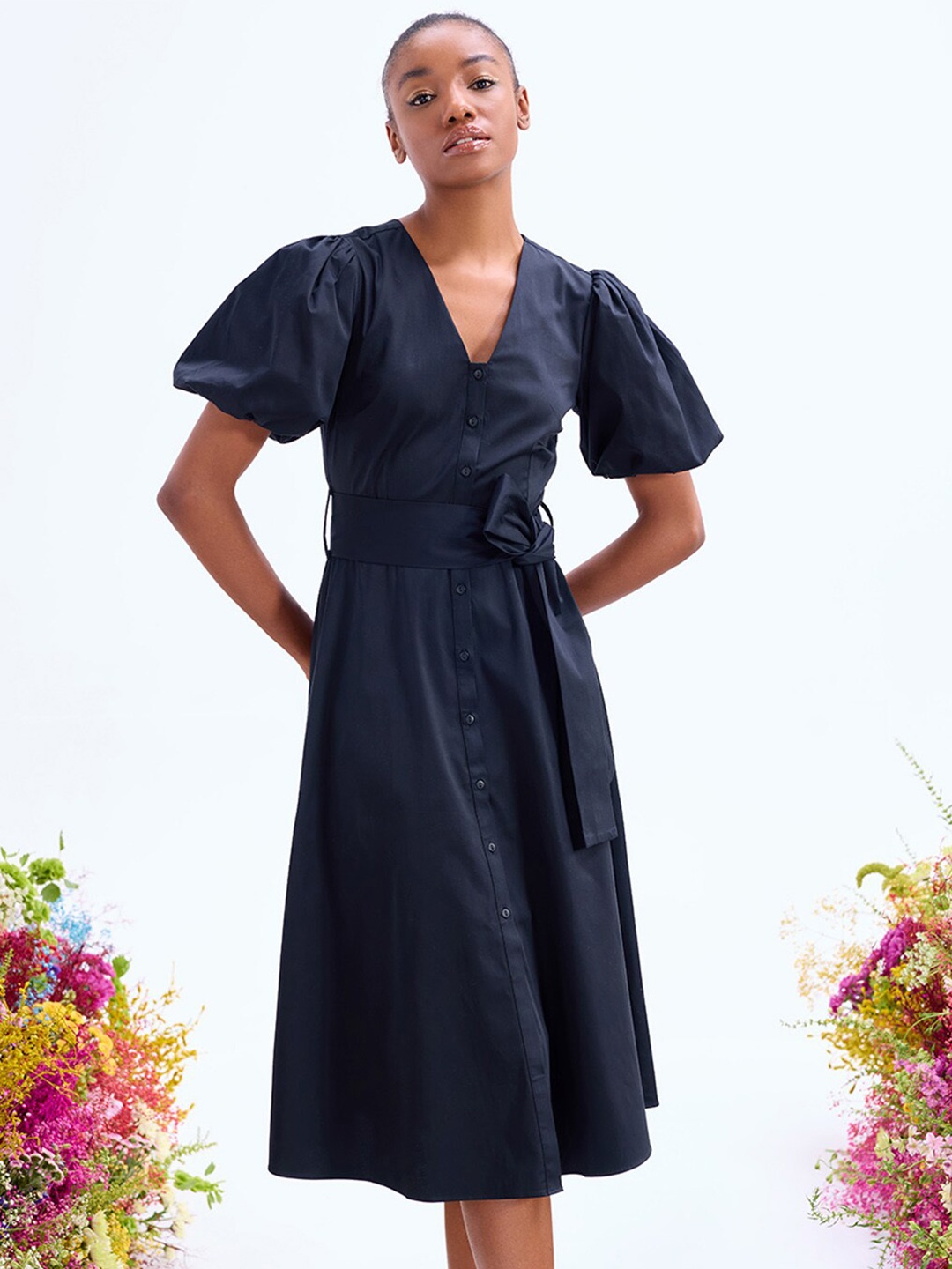 

COVER STORY Flared Sleeves Fit & Flare Cotton Midi Dress, Black