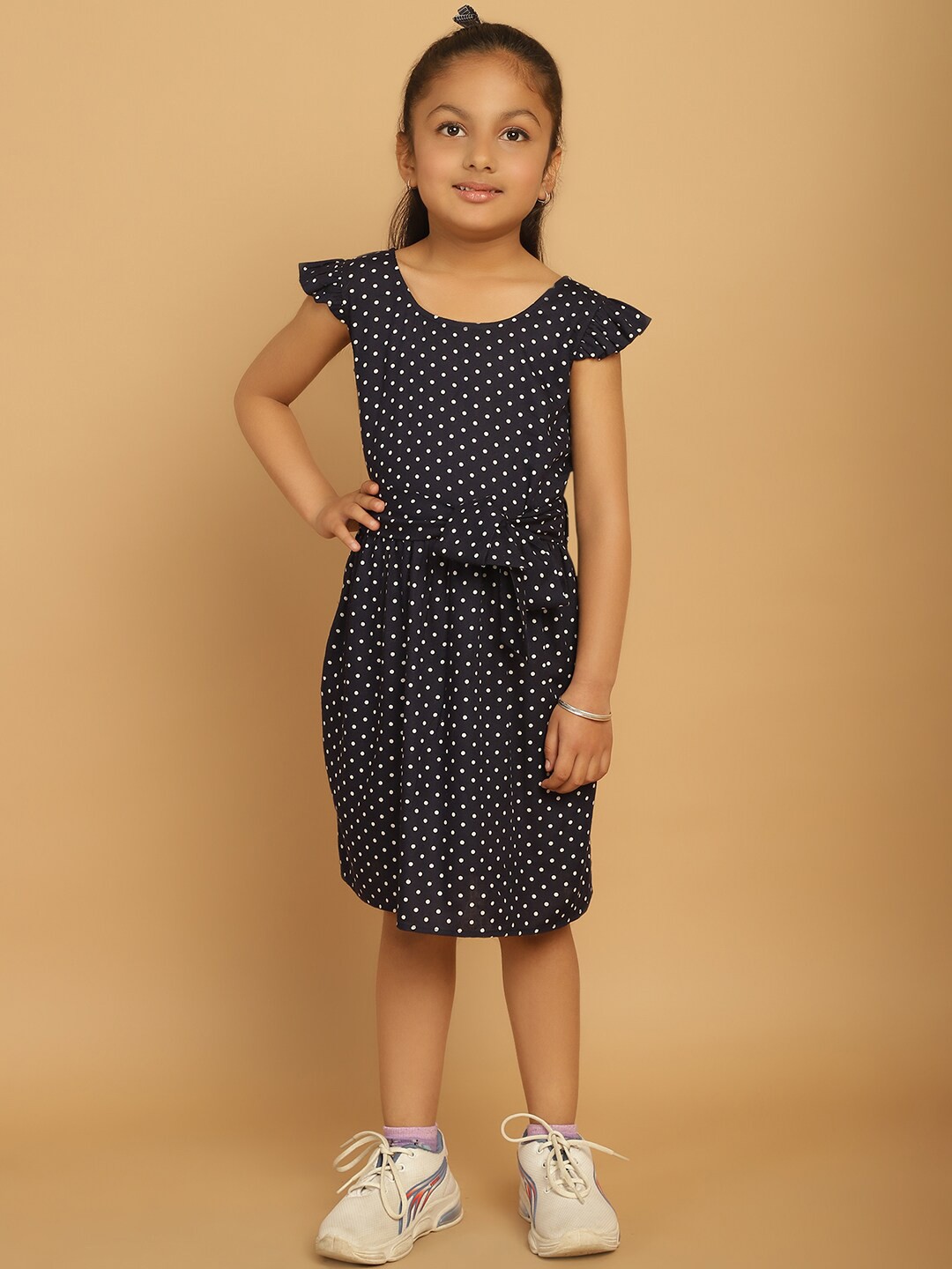 

MINI & MING Girls Polka Dot Print Flutter Sleeve Fit & Flare Dress, Navy blue