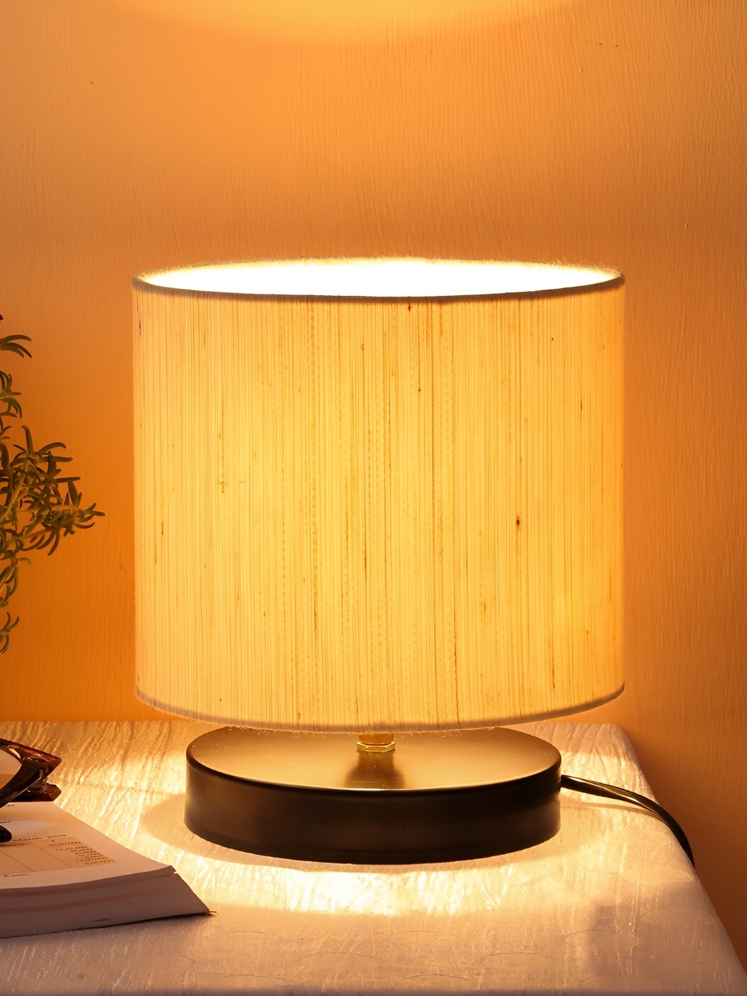 Devansh Off White Wooden Cylindrical Shaped Table Lamp