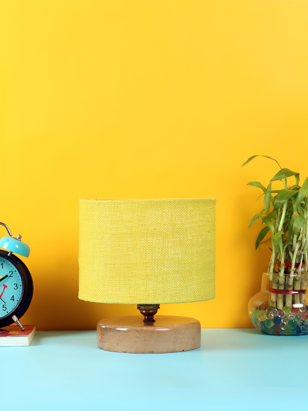 Devansh Yellow Wooden Cylindrical Shaped Table Lamp