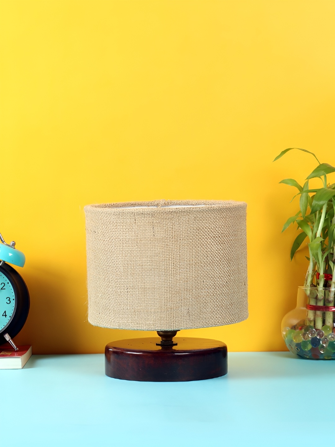 Devansh Beige Textured Wooden Cylindrical Shaped Contemporary Table Lamp