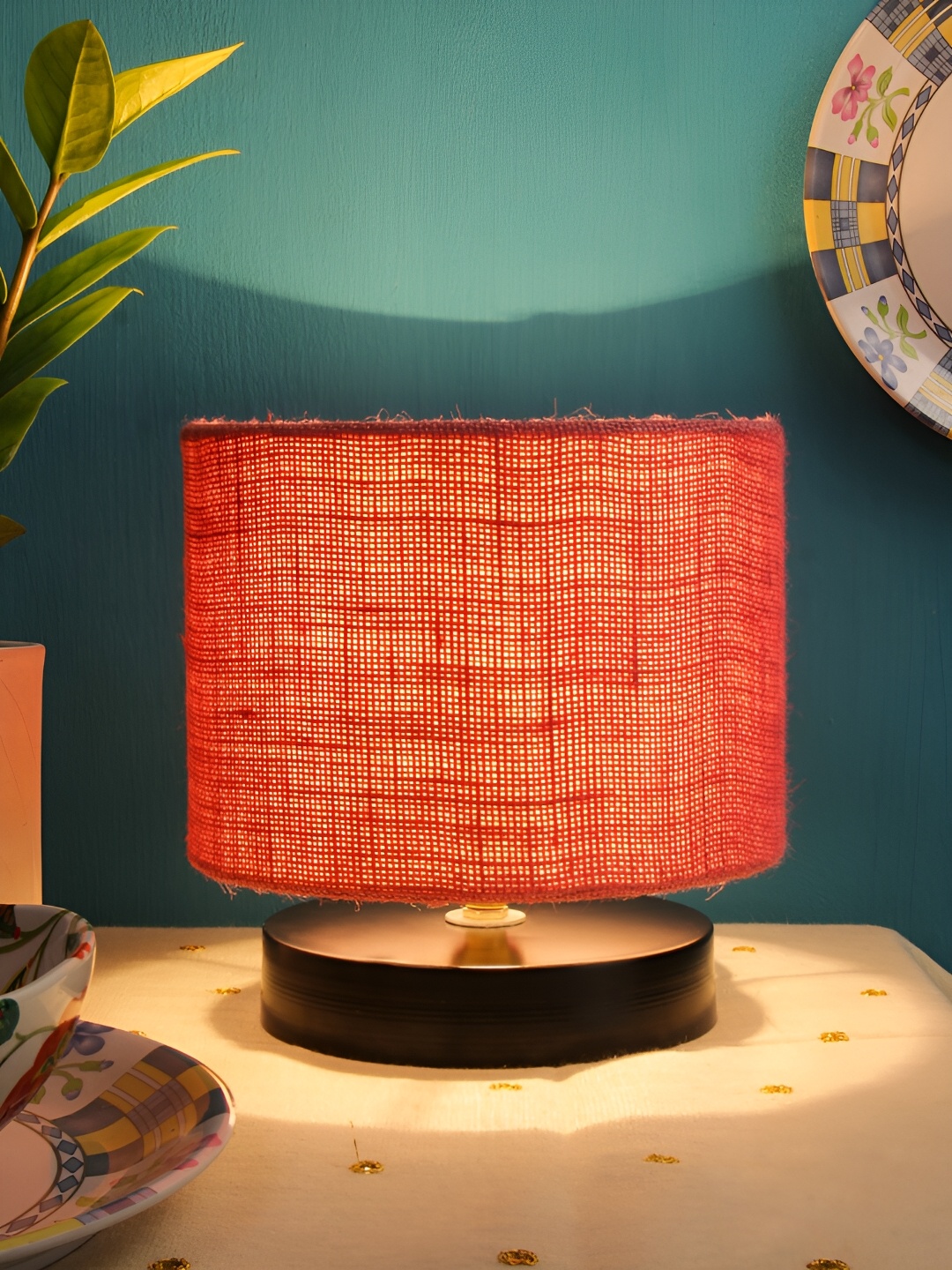 Devansh Pink Wooden Traditional Cylindrical Shaped Table Lamp