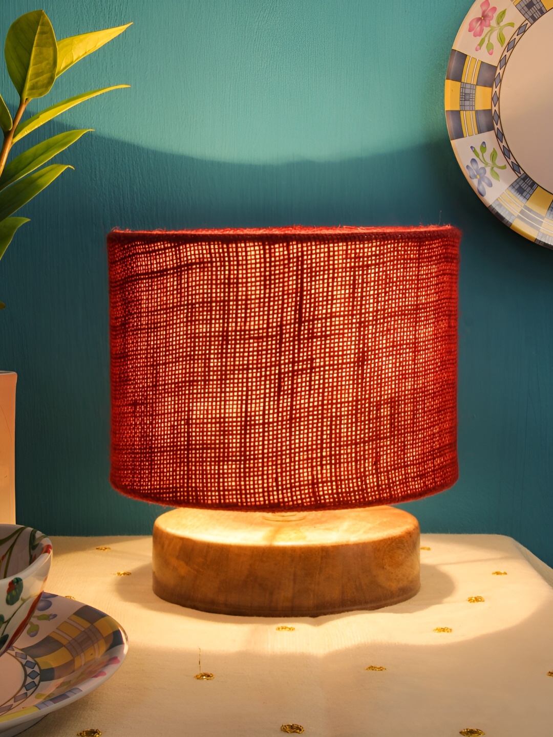 Devansh Maroon Wooden Traditional Cylindrical Shaped Table Lamp