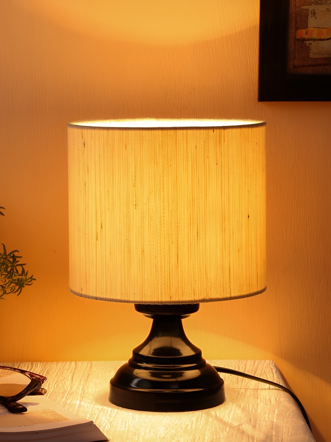 Devansh Off White Iron Cylindrical Shaped Table Lamp