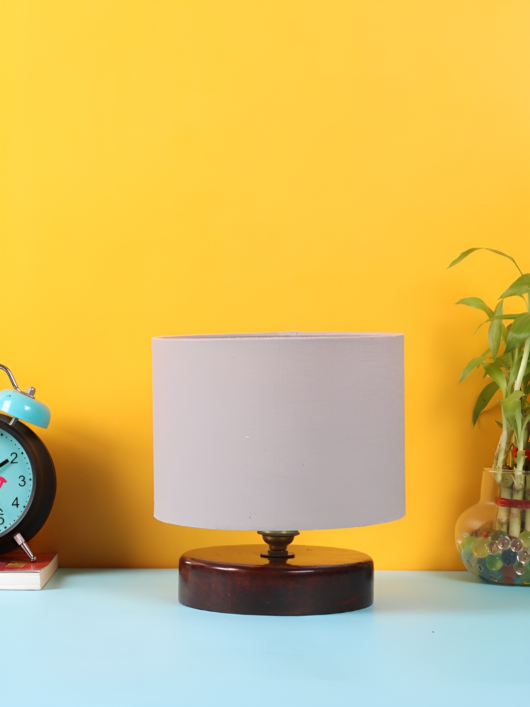 Devansh Grey Wooden Traditional Cylindrical Shaped Table Lamp