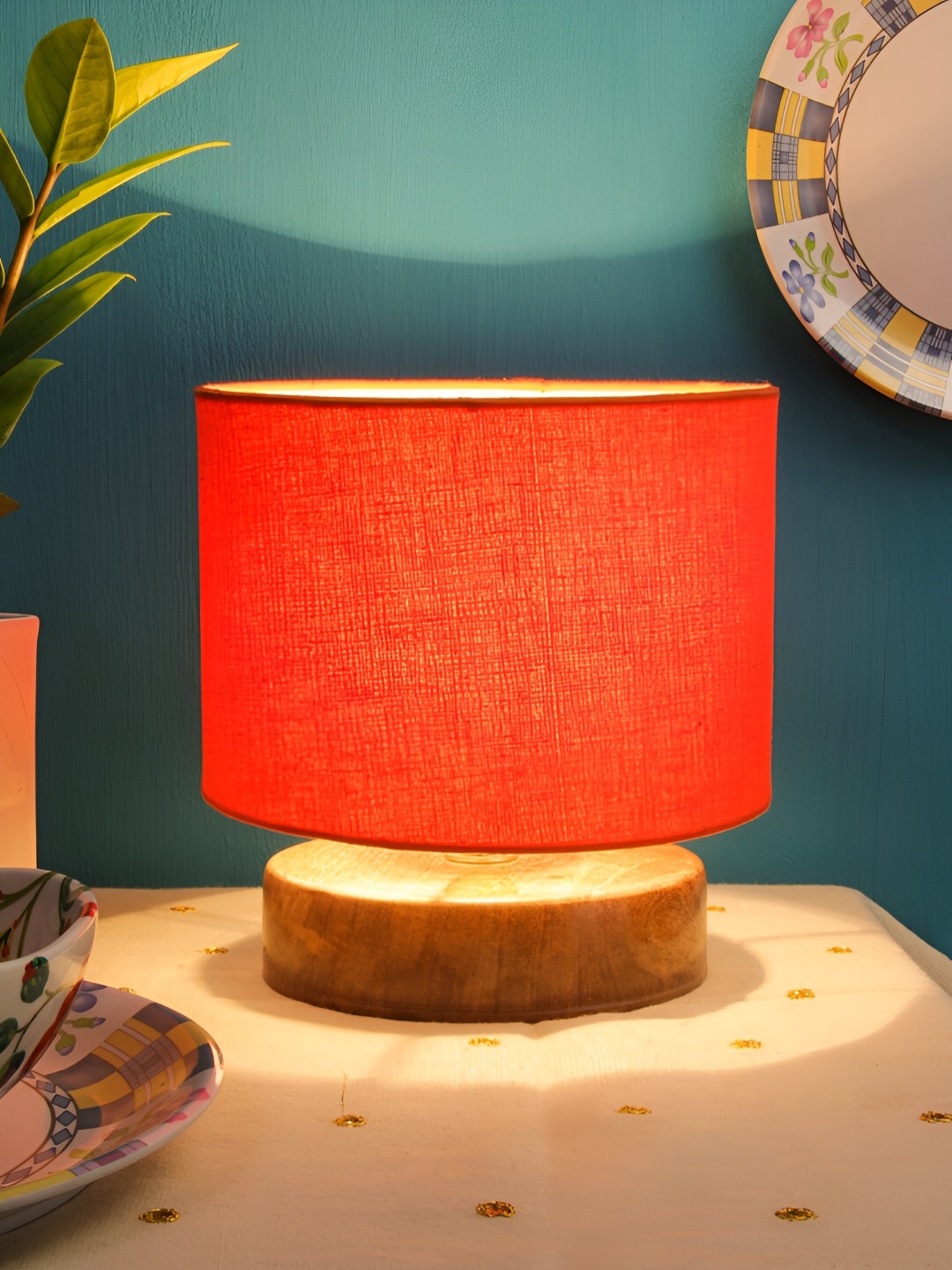 Devansh Orange Wooden Traditional Cylindrical Shaped Table Lamp