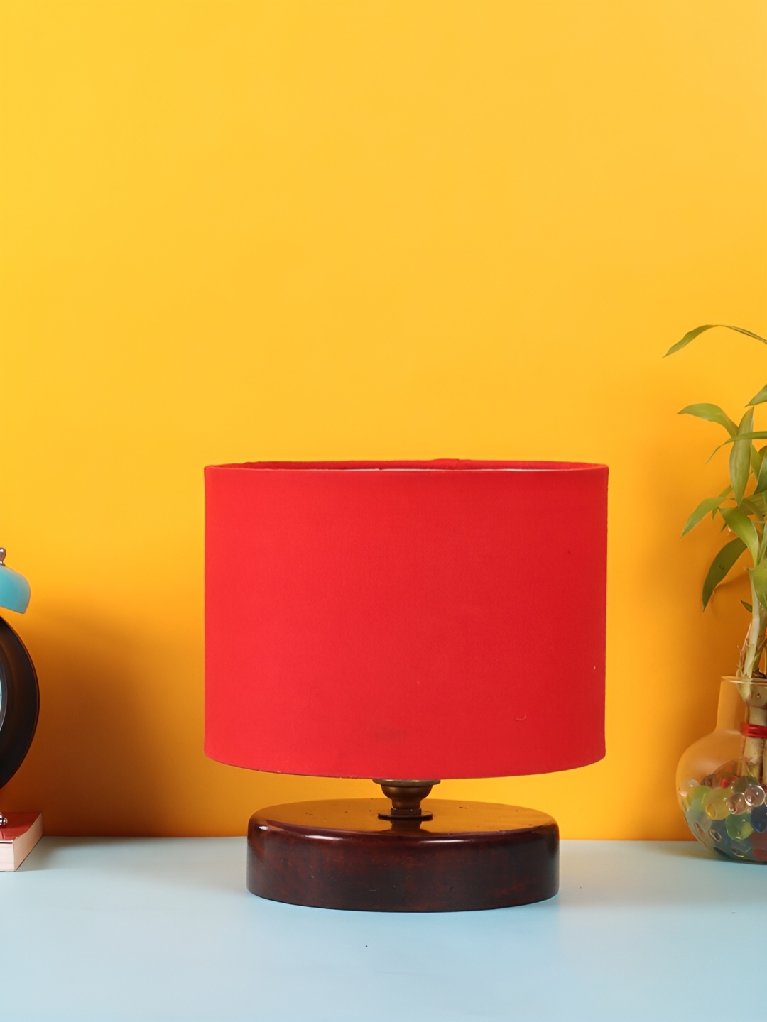 Devansh Red Wooden Traditional Cylindrical Shaped Table Lamp