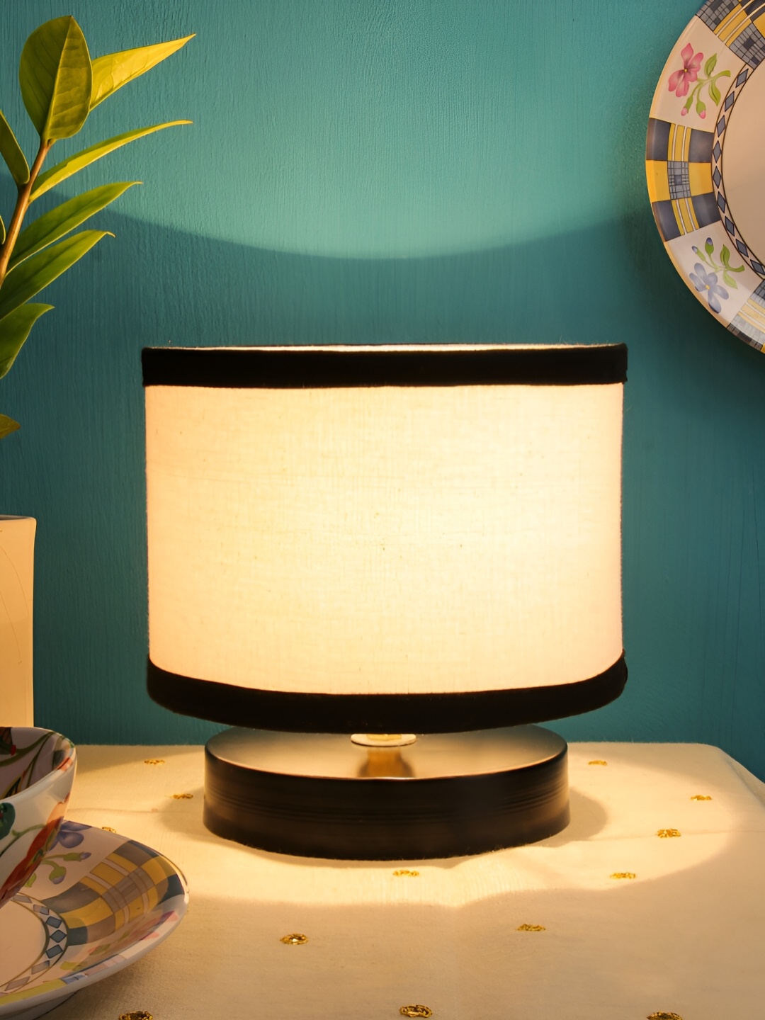 Devansh White Wooden Traditional Cylindrical Shaped Table Lamp