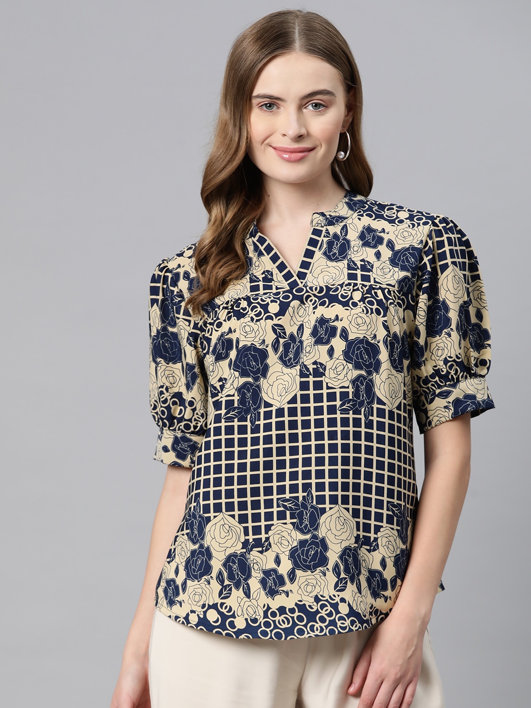 

Cottinfab Floral Print Puff Sleeve Crepe Top, Blue