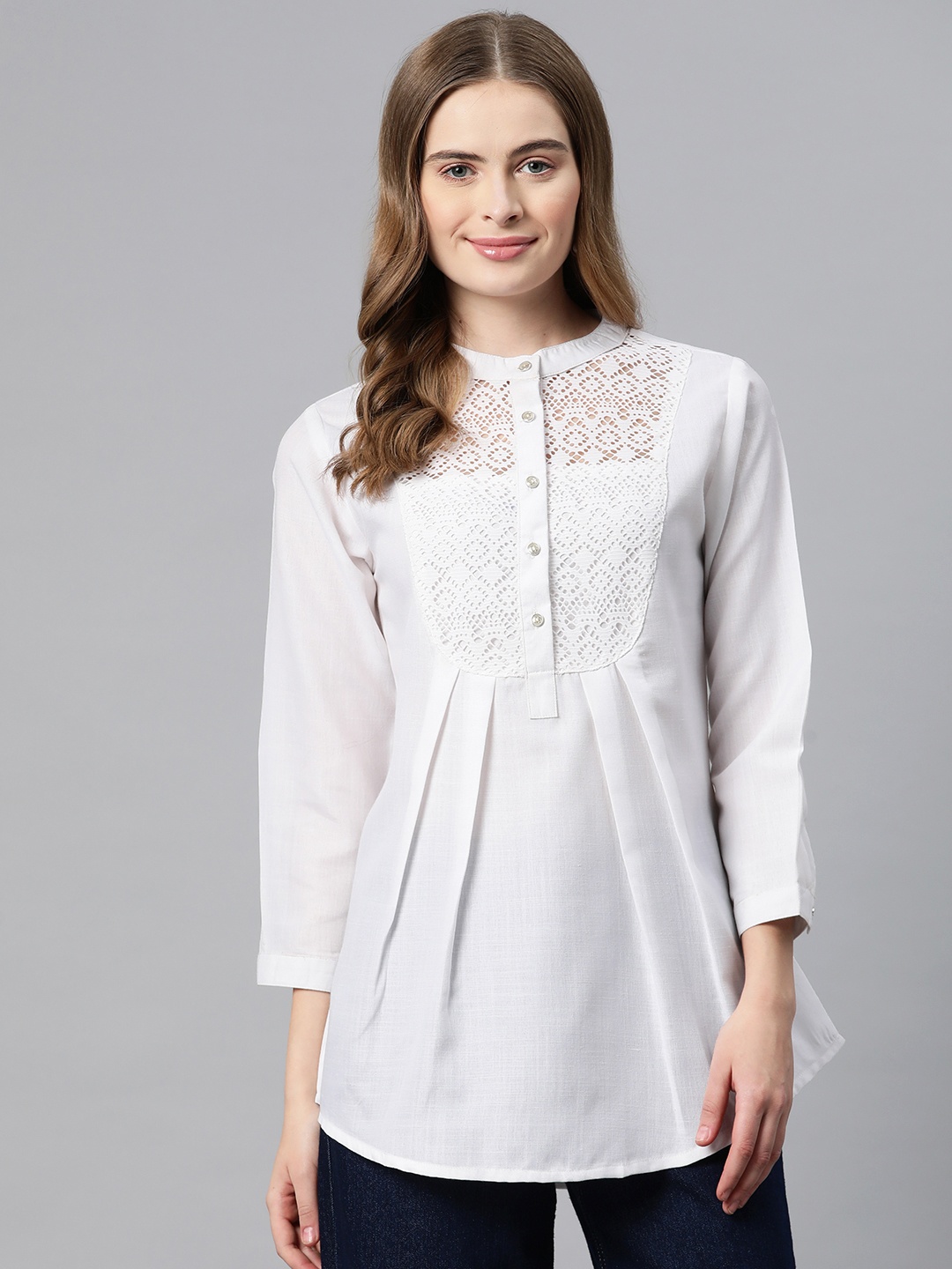

Cottinfab Solid Mandarin Collar Net Detailed Top, White