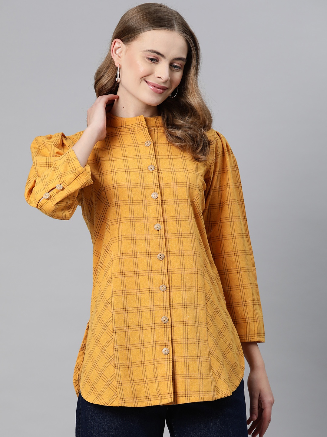 

Cottinfab Checked Mandarin Collar Cotton Shirt Style Top, Mustard