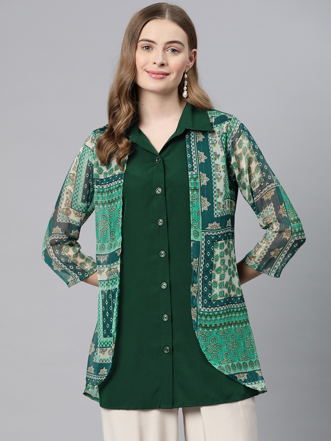 

Cottinfab Ethnic Motifs Print Layered Crepe Shirt Style Longline Top, Green