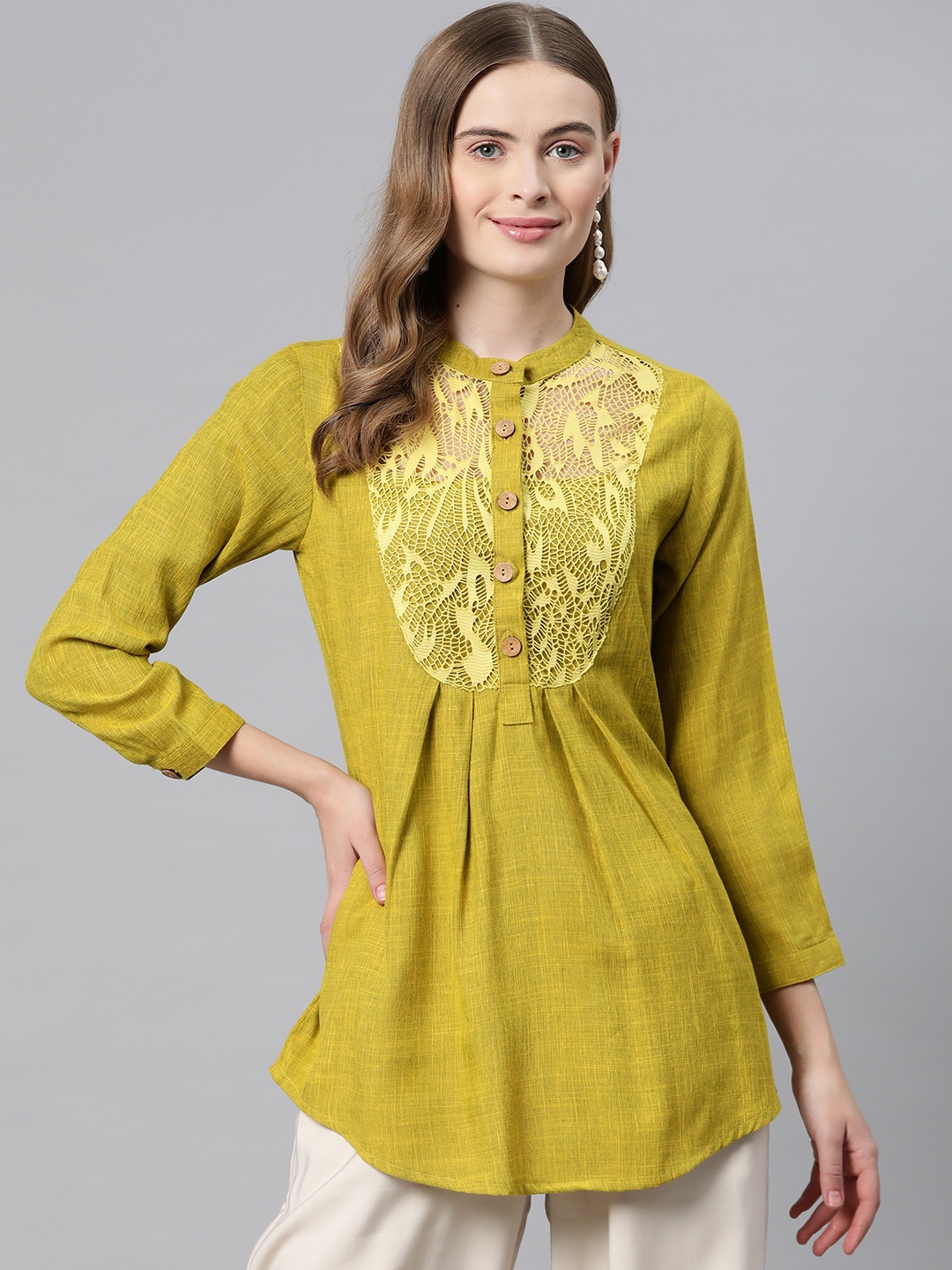 

Cottinfab Solid Mandarin Collar Net Detailed Top, Yellow