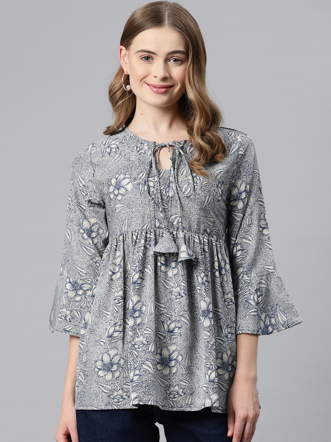 

Cottinfab Floral Print Tie-Up Neck Bell Sleeve Crepe Empire Top, Blue