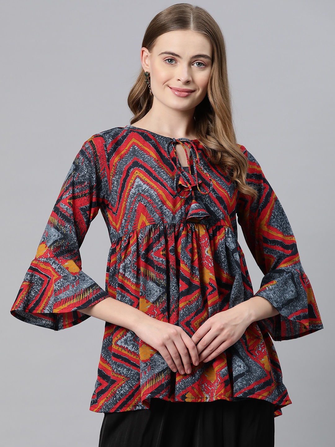 

Cottinfab Geometric Print Tie-Up Neck Bell Sleeve Crepe Empire Top, Grey