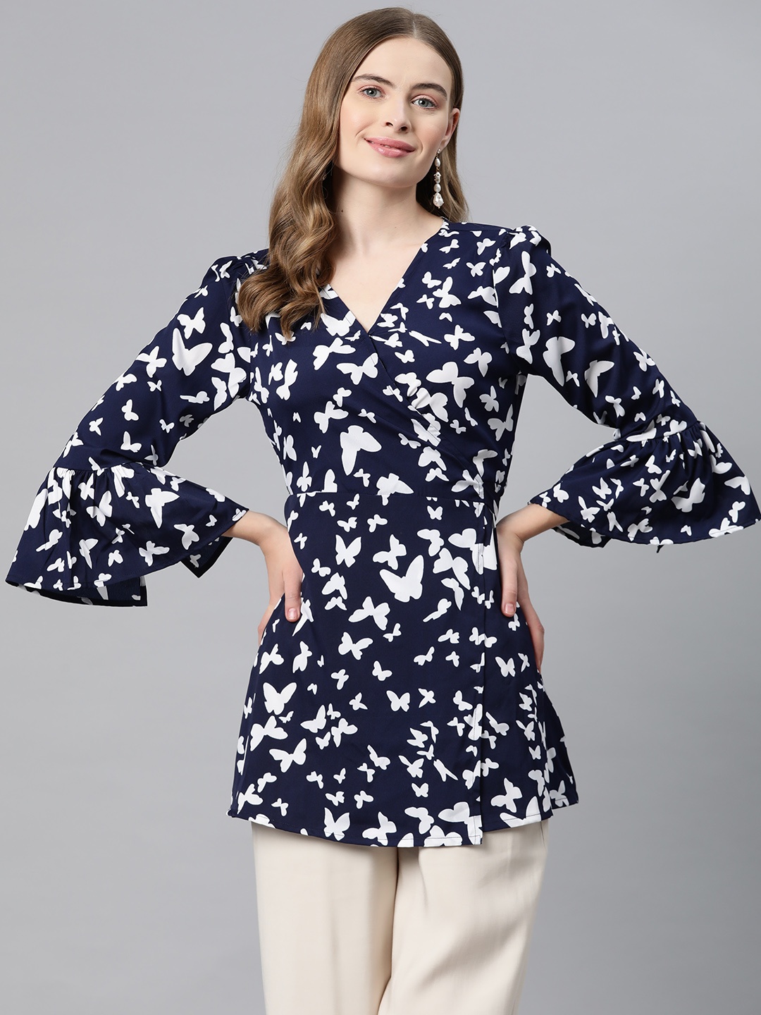 

Cottinfab Conversational Print Bell Sleeve Crepe Wrap Longline Top, Blue