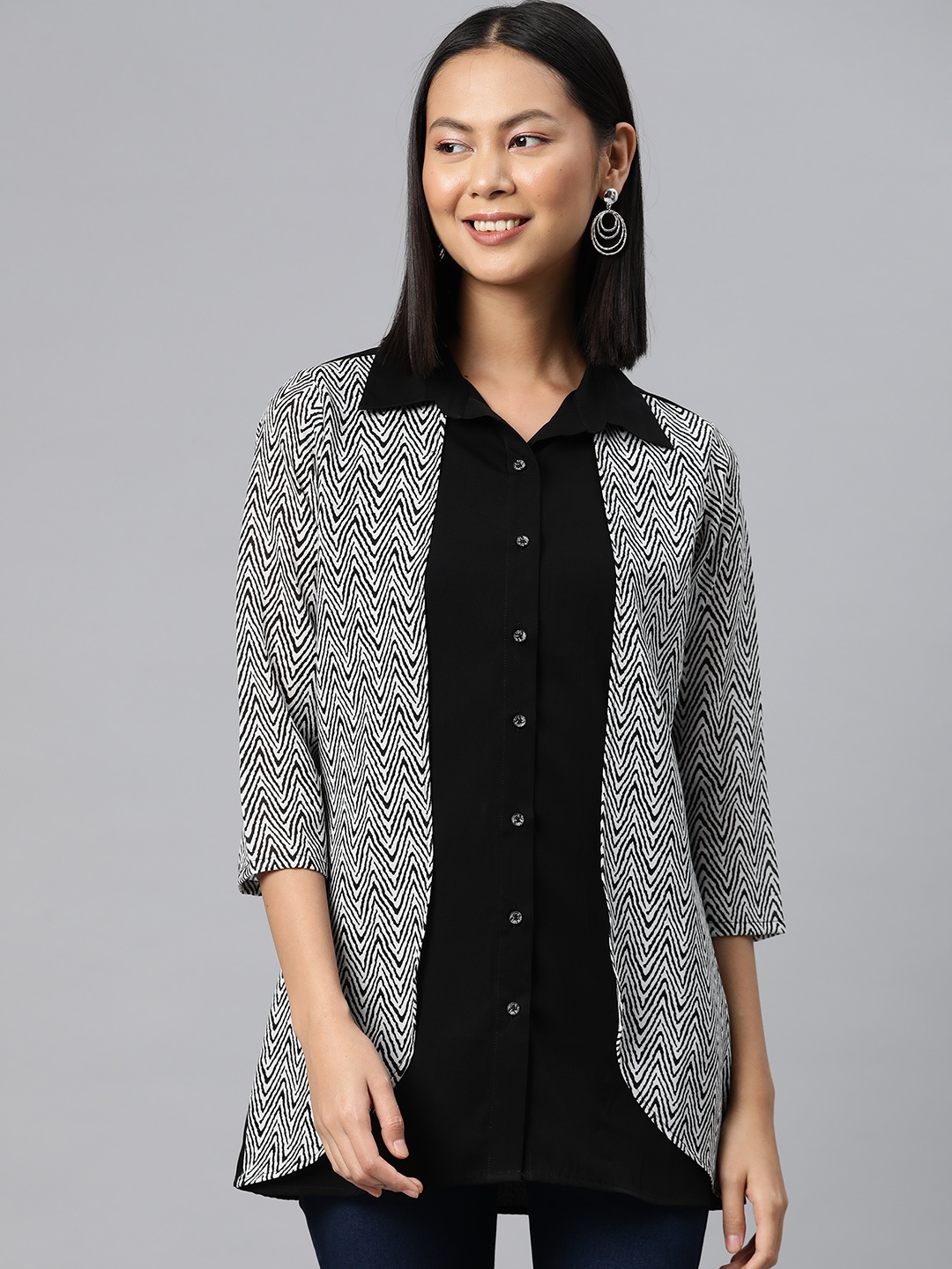 

Cottinfab Geometric Print Layered Crepe Shirt Style Longline Top, Black
