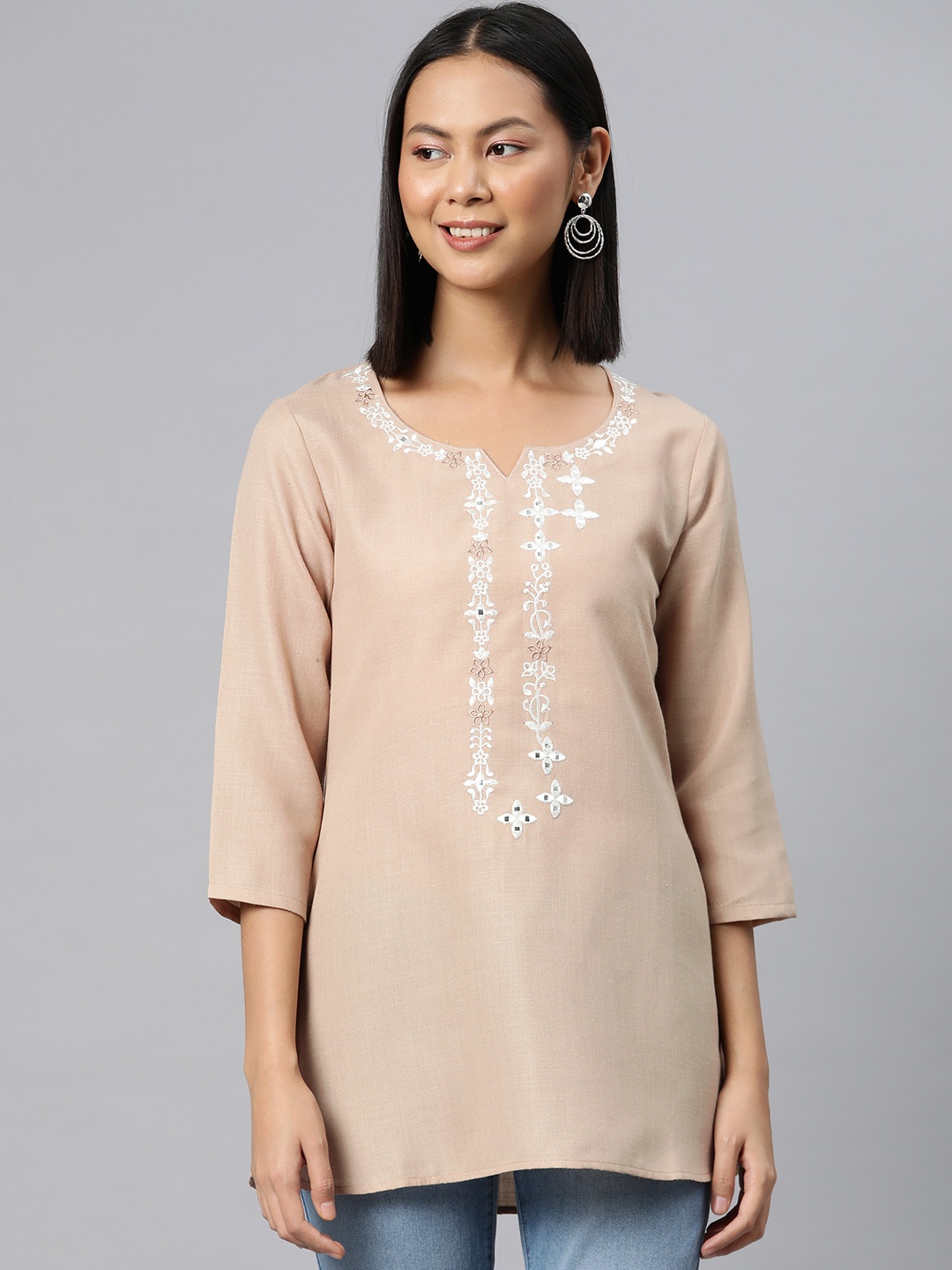 

Cottinfab Floral Embroidered Cotton Top, Beige