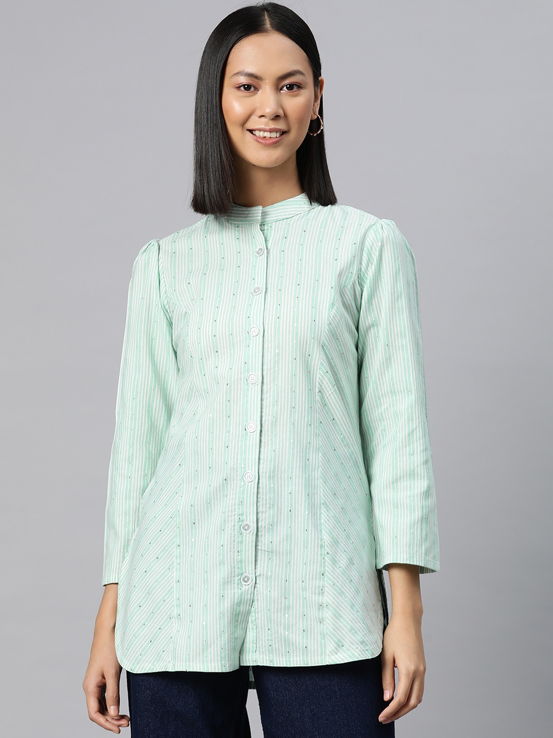 

Cottinfab Striped Mandarin Collar Cotton Top, Sea green