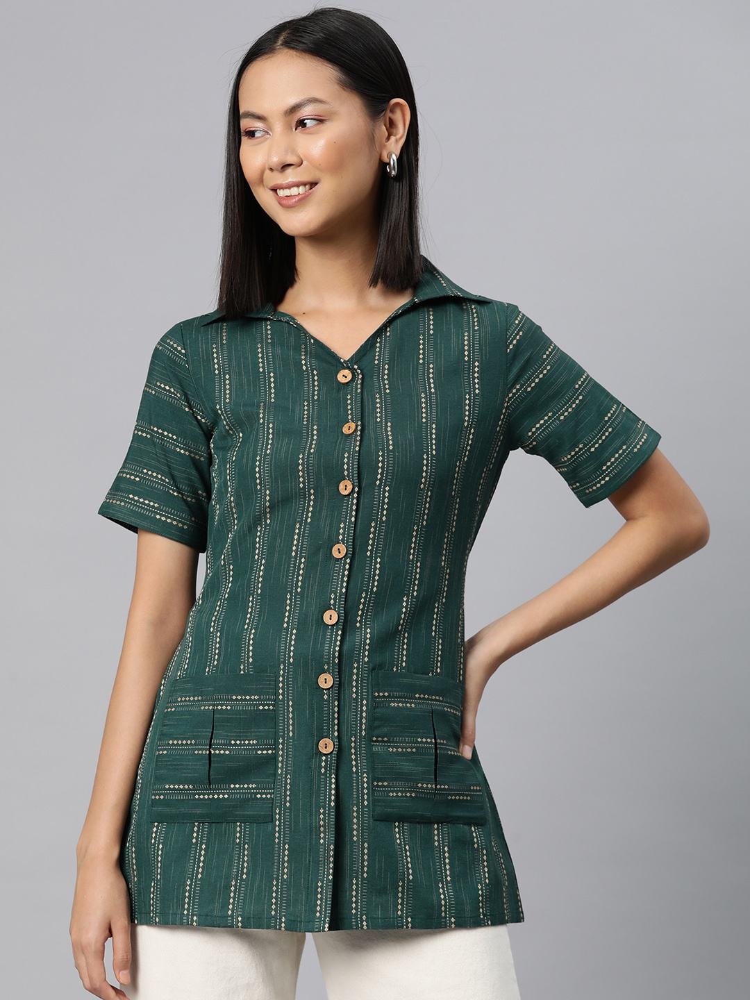 

Cottinfab Print Cotton Shirt Style Longline Top, Green