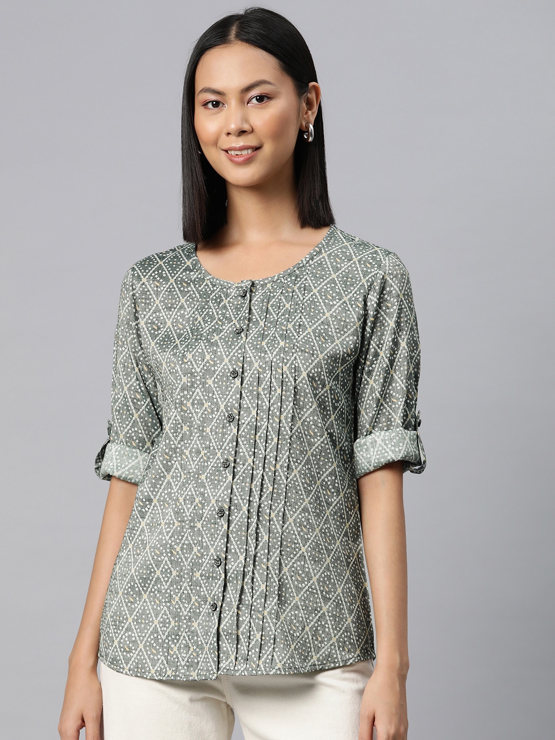 

Cottinfab Geometric Print Roll-Up Sleeves Top, Green