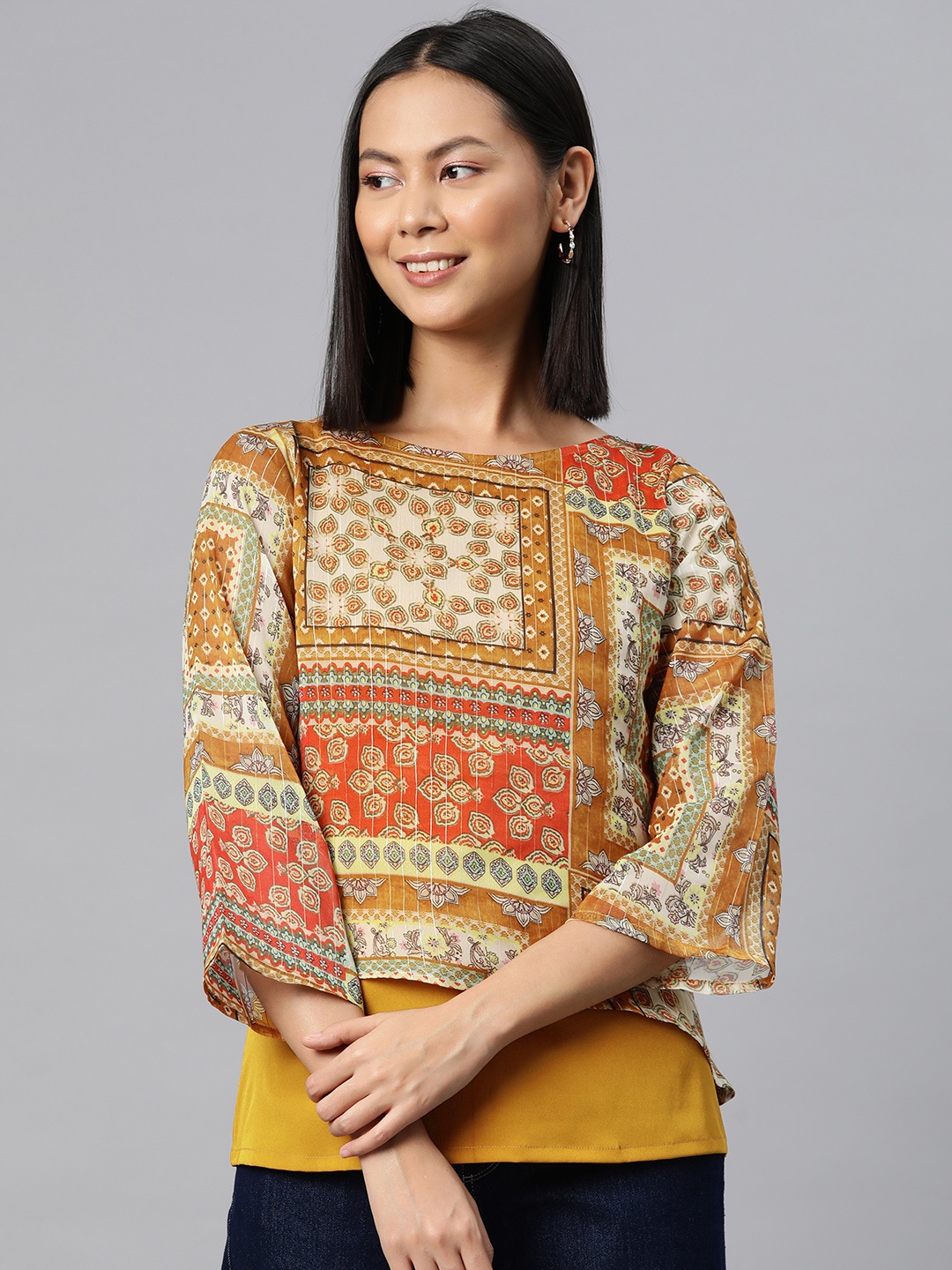 

Cottinfab Print Layered Ethnic Top, Mustard