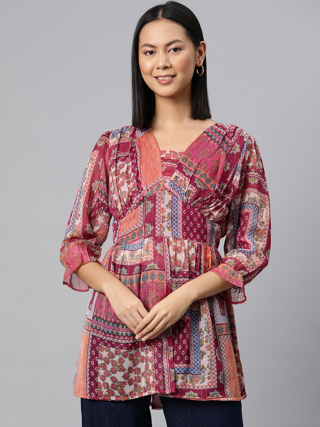 

Cottinfab Ethnic Print Longline Top, Pink