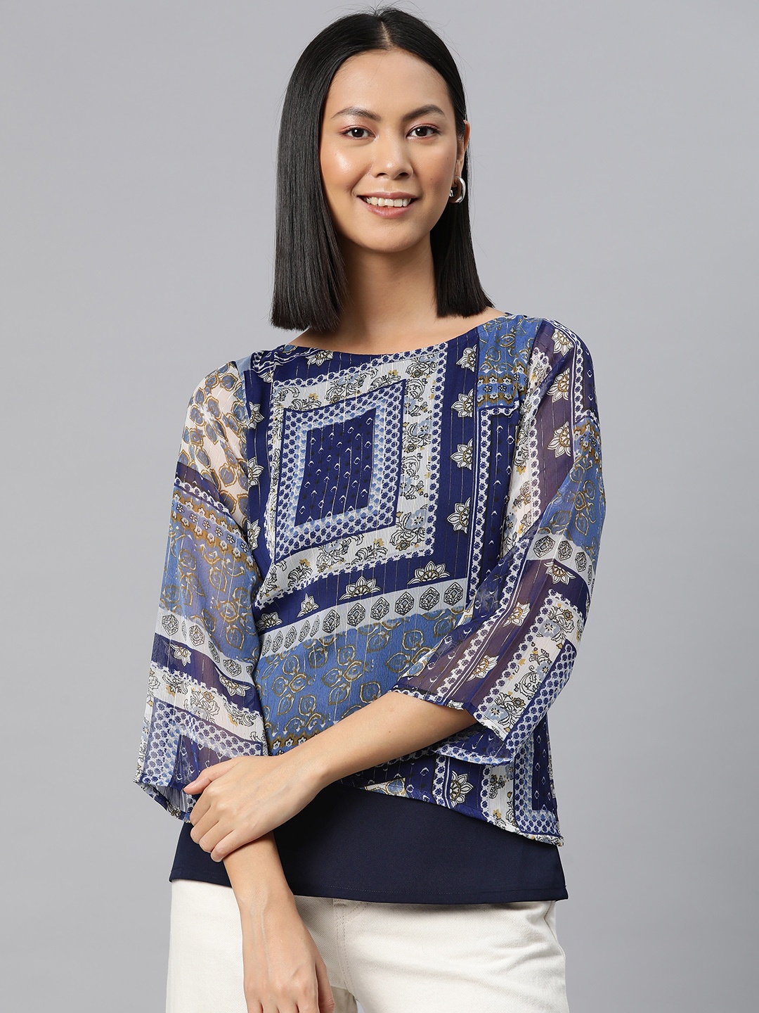 

Cottinfab Print Layered Georgette Top, Navy blue