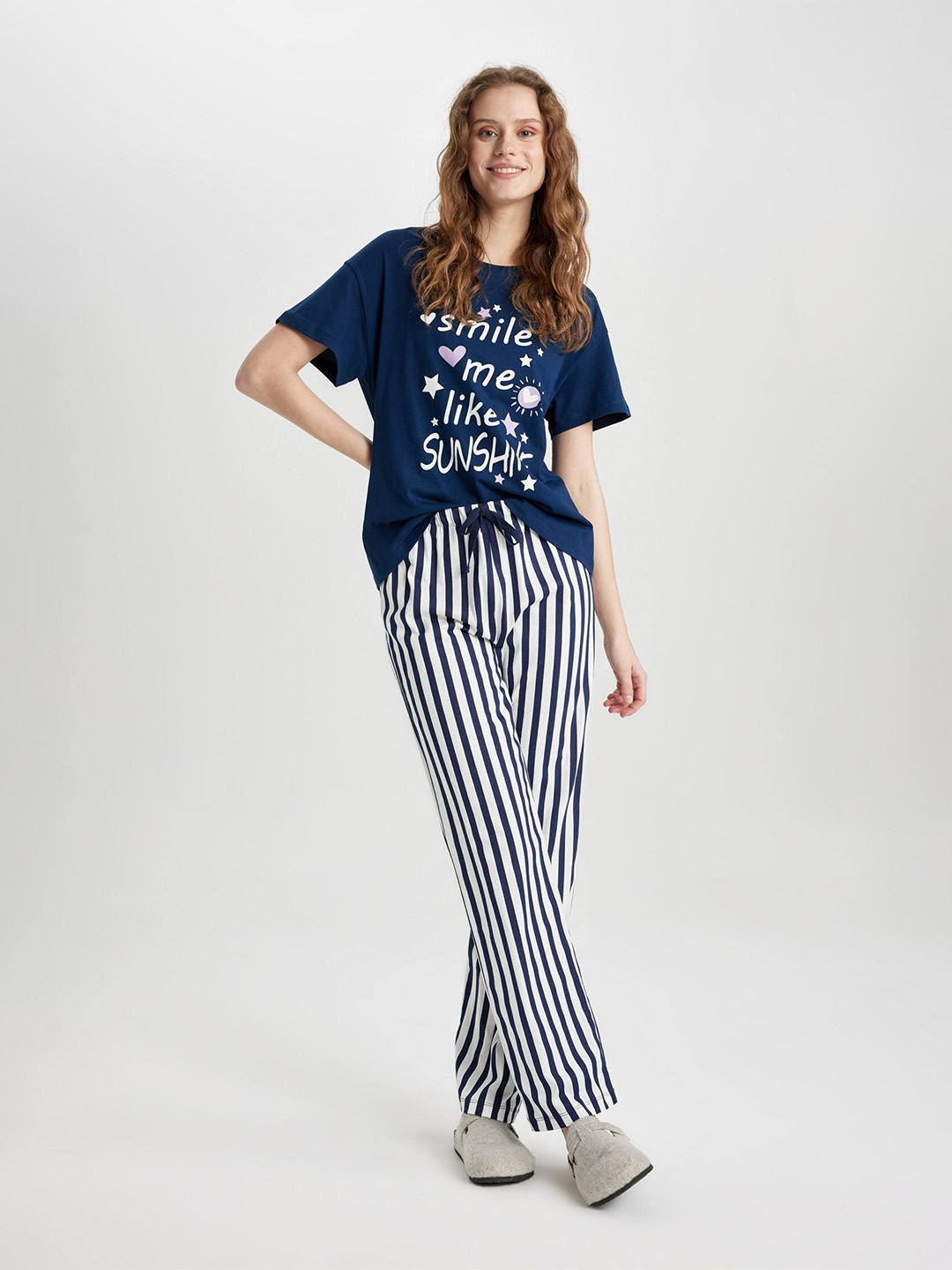 

DeFacto Printed Pure Cotton T-shirt & Pyjamas, Blue