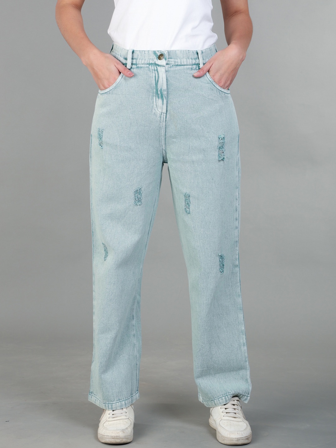 

The Roadster Lifestyle Co. Women Green Cotton Low Distress Flared Light Fade Jeans