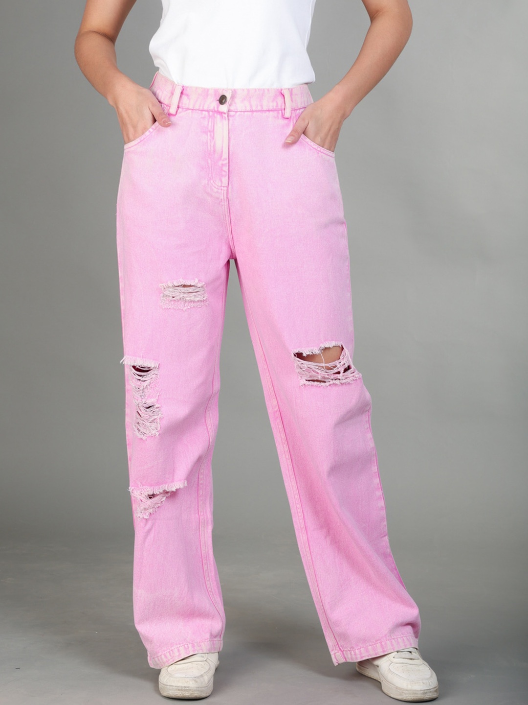 

The Roadster Lifestyle Co. Women Pink Mid Rise Cotton Flared Jeans