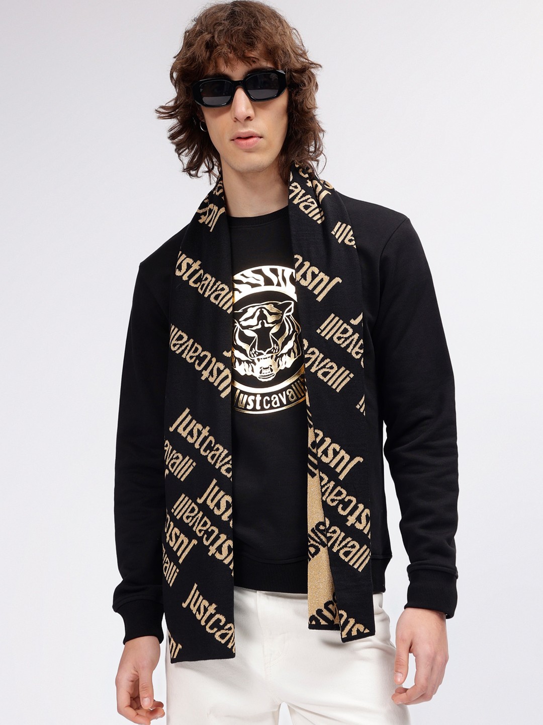 

Just Cavalli Men Patterned Wool Mufflers, Black