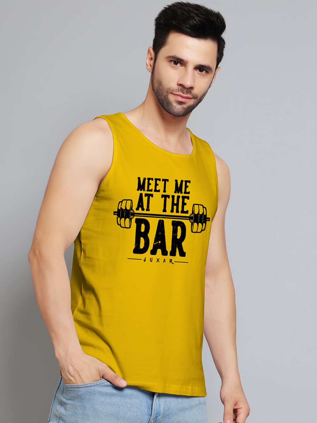 

Juxar Meet Me at Tha Bar Printed Cotton Gym Vest JXR-052SAN-YL-XS, Yellow