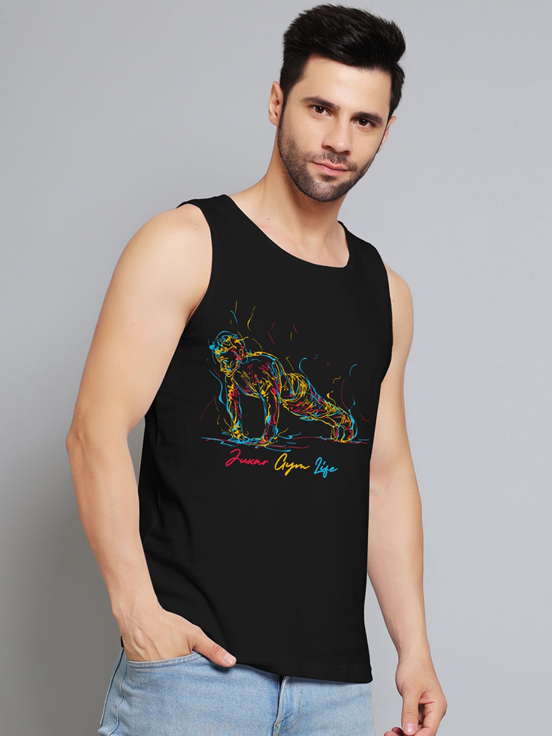 Juxar Printed Round Neck Cotton Gym Vest JXR-115SAN-BK-XS, Black